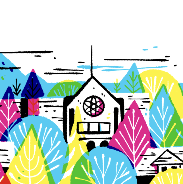 CYMK Graphic Illustration of PLU Skyline & Rose Window